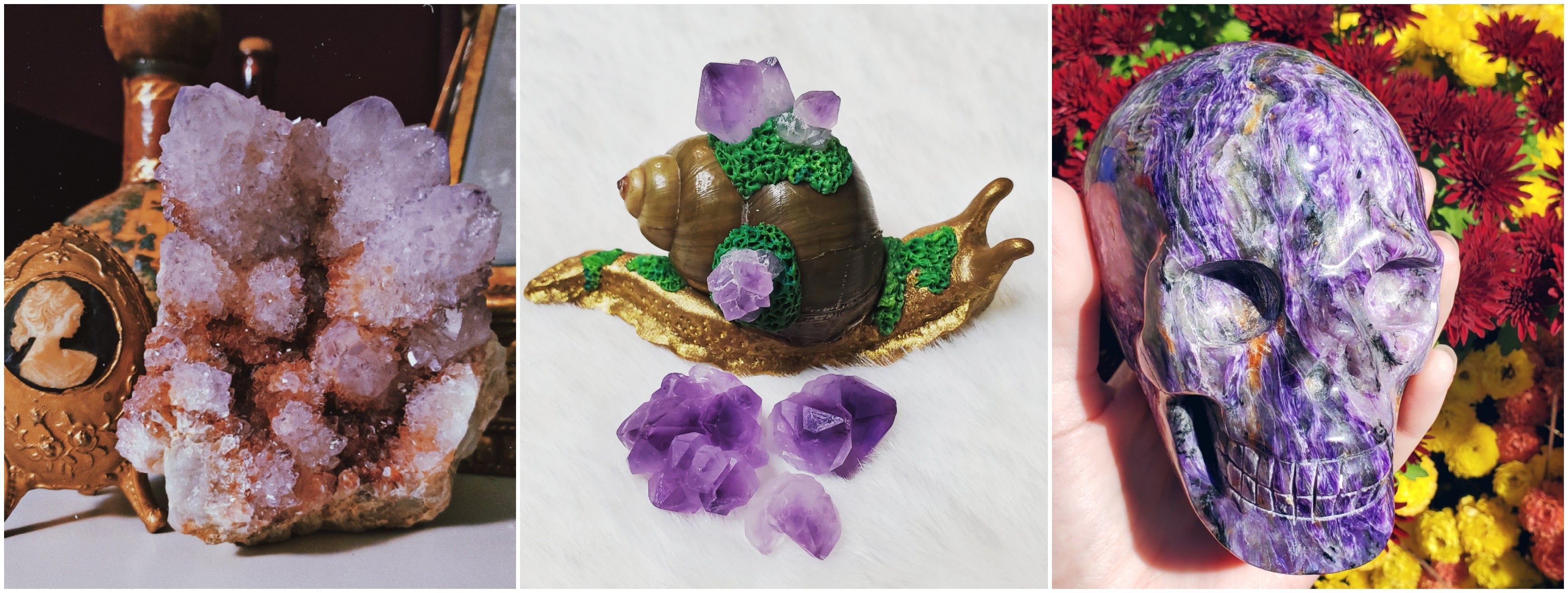 Spirt quartz in a vintage setting left, golden snail sculpture with amethyst center, charoite skull held in hand in front of yellow and red flowers right