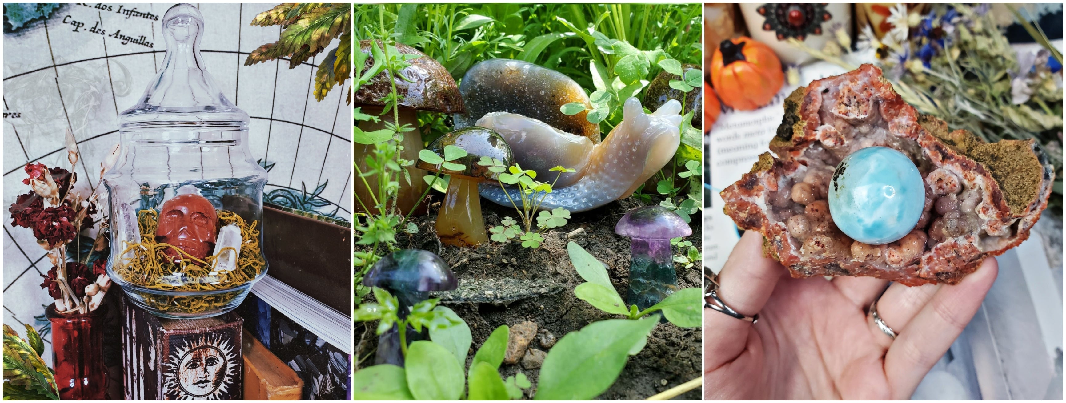 Red jasper skull in a glass decorative jar left, agate snail in a garden setting center, larimar sphere resting on pink chalcedony held in hand right